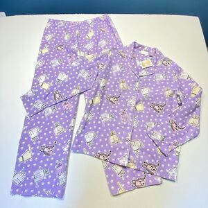 Intimate Essentials 2 PC Purple Cat Pajamas Set Long Sleeve Button Up Pants LRG